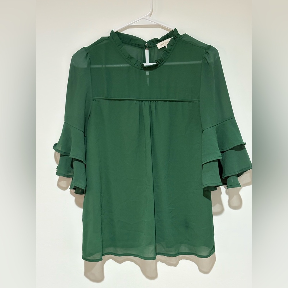 Monteau Forest Green Ruffle Sleeve Blouse
